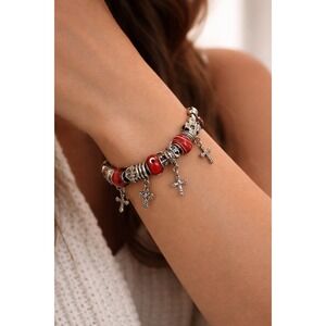 Charm Bracelet Vintage Red Murano Glass Cross Silver Tone Snake Chain European